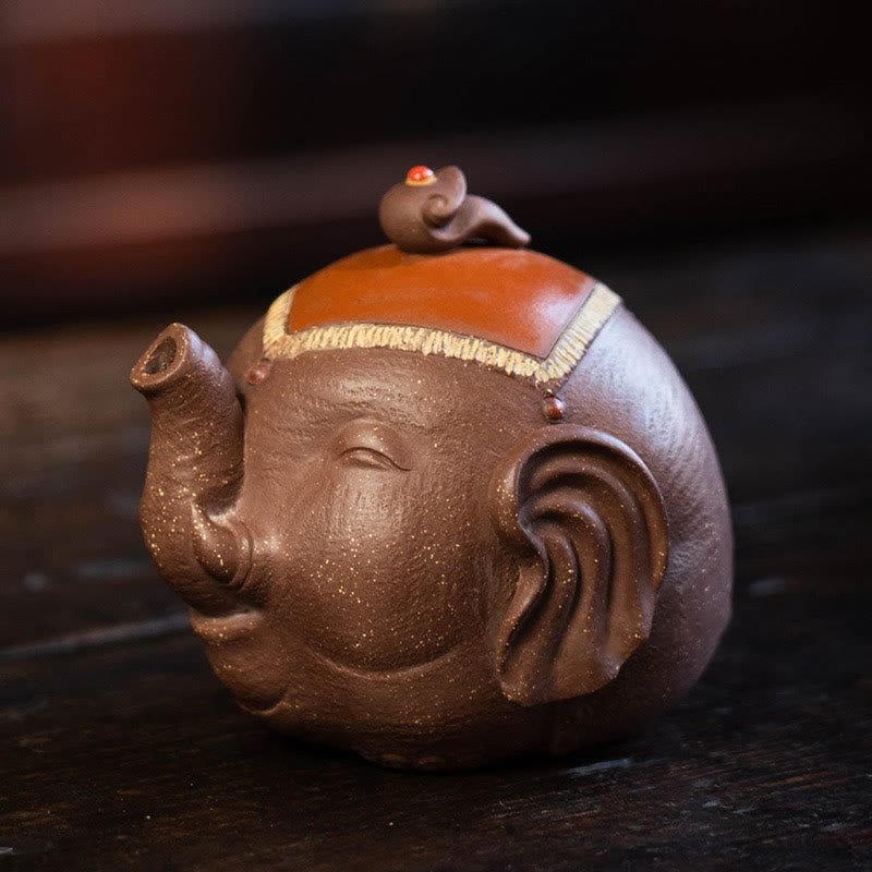 Buddha Stones Schattige olifant, gelukbrengende wolken, paarse klei keramische theepot - Olifant (220 ml) - image 0