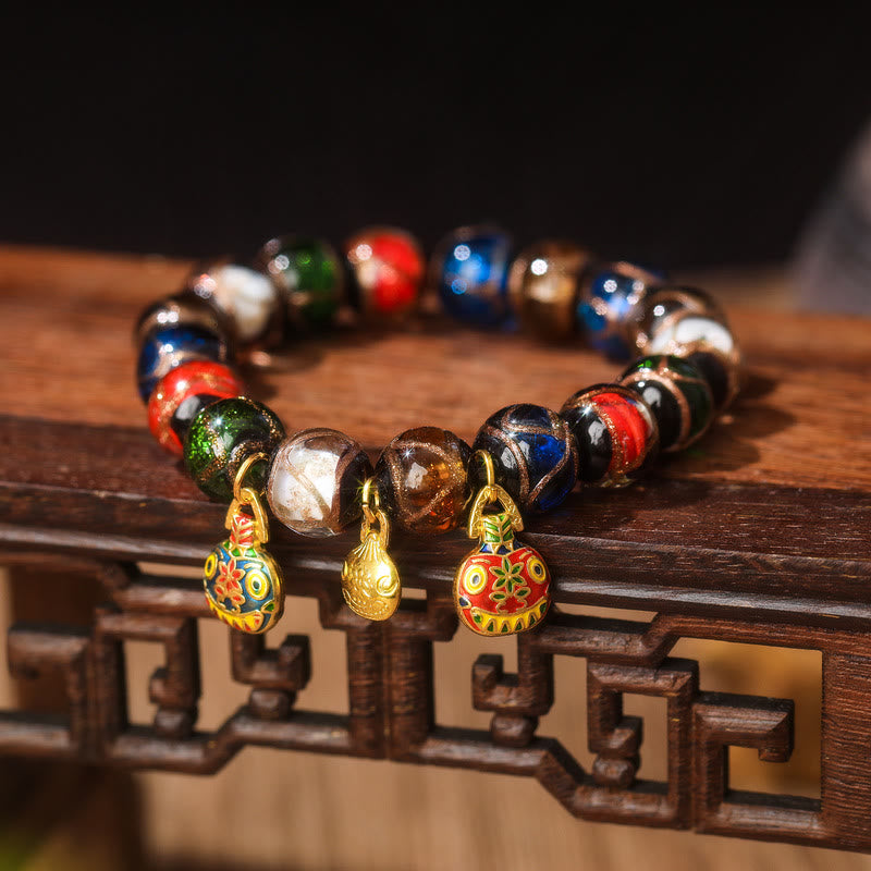 Buddha Stones Vijf Elementen Gouden Verslindend Beest Familie Charm Liuli Glazen Kraal Armband - Liuli glaskraal &amp; kleine blauw-rood-gouden familie van verslindende beesten - 14mm(15 kralen) - image 5