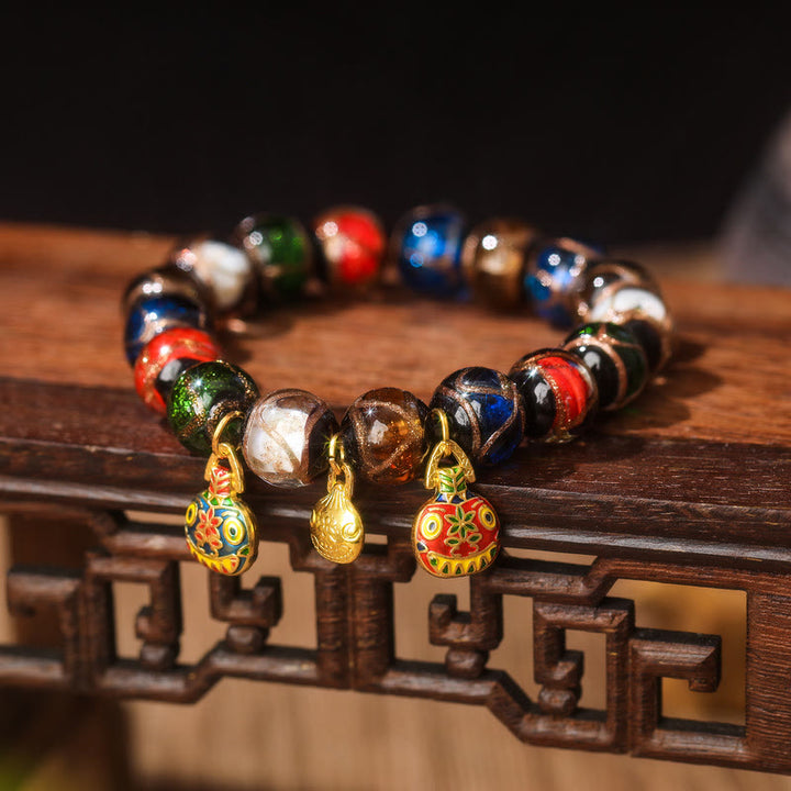 Buddha Stones Vijf Elementen Gouden Verslindend Beest Familie Charm Liuli Glazen Kraal Armband - Liuli glaskraal &amp; kleine blauw-rood-gouden familie van verslindende beesten - 14mm(15 kralen) - image 5