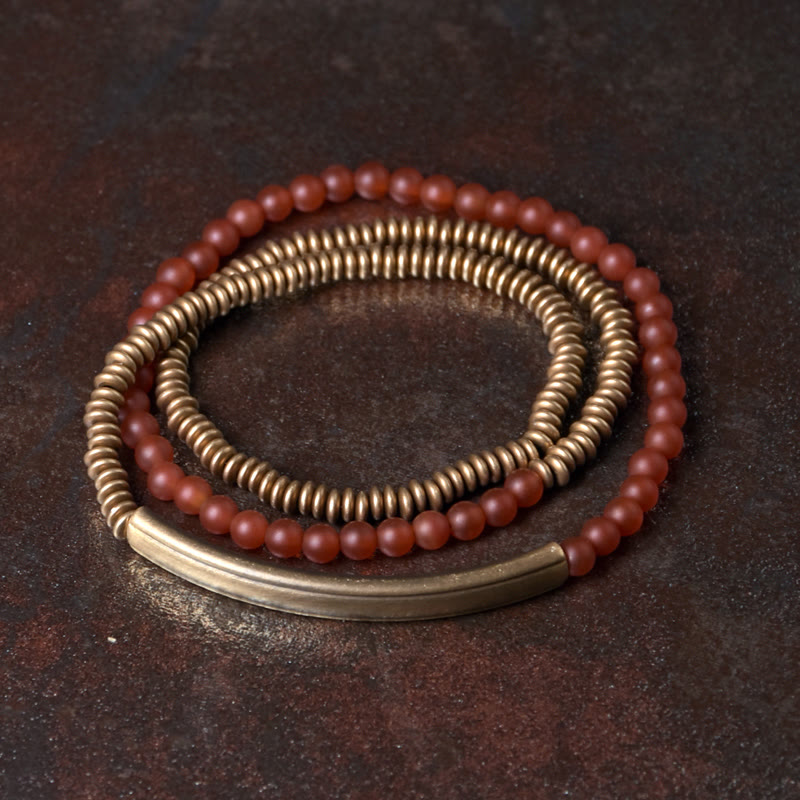 Buddha Stones Tibetaanse Armband met diverse agaatstenen en koperen bescherming, drievoudige wikkeling - 18 cm - Rode agaat - image 1