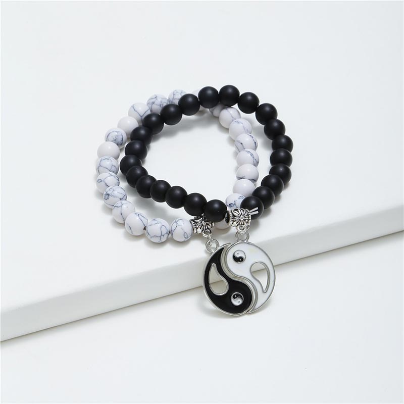 Buddha Stones 2 stuks natuurlijke zwarte onyx en witte turkooizen kralen Yin Yang Armband voor stellen - image 1