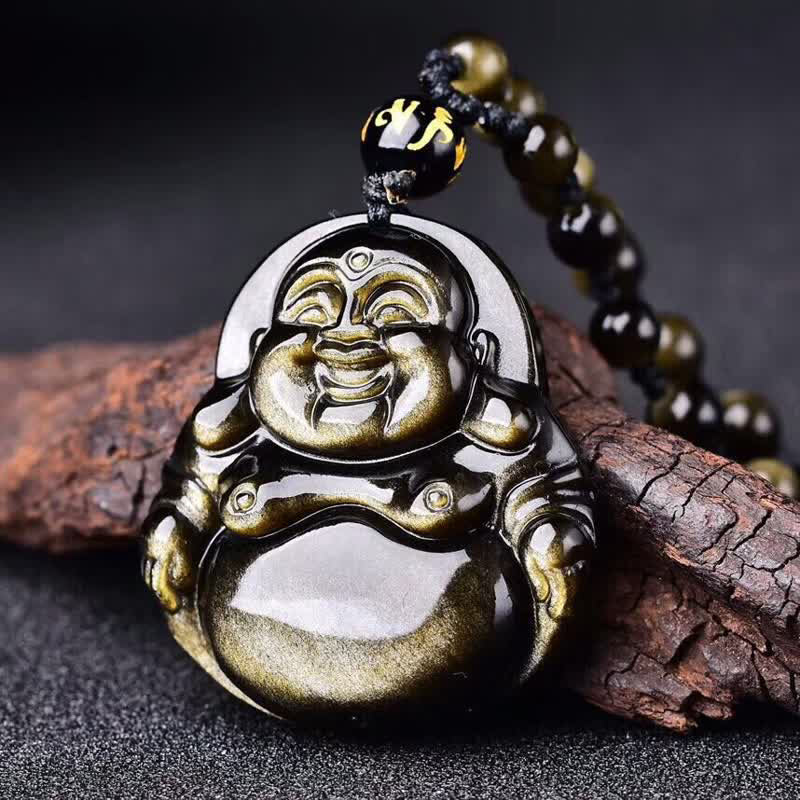 Buddha Stones Laughing Buddha Gold Shine Obsidian Wealth Ketting Pendant - Obsidiaankraal met gouden glans - image 0