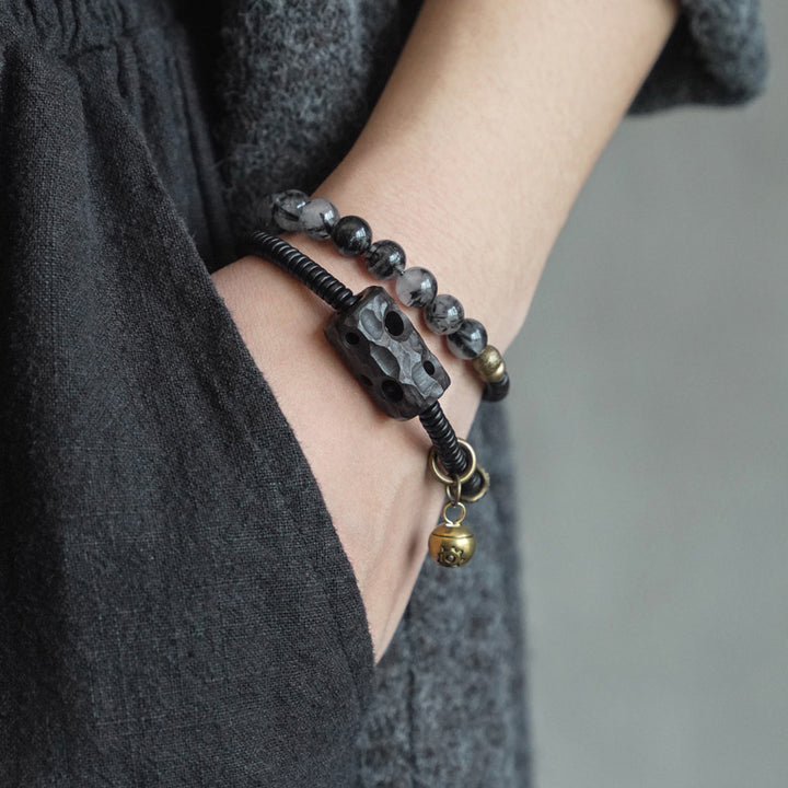 Buddha Stones Armband voor stellen met zwarte rutielkwarts, ebbenhout en koper, symbool van wijsheid. - image 1