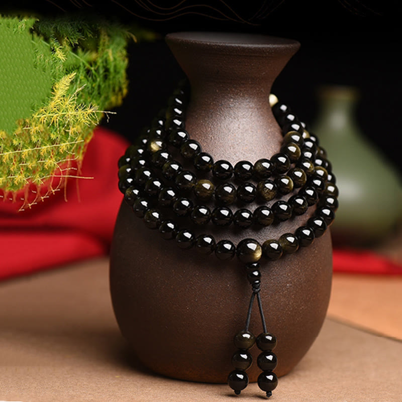 Buddha Stones 108 Mala kralen, natuurlijke goudglans obsidiaan, rijkdom Armband - 8mm - image 0