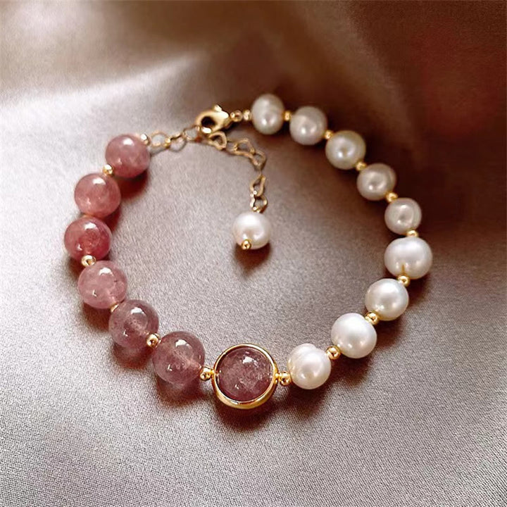 Buddha Stones Natuurlijke aardbeikwarts parel Armband met positieve schakels - Aardbeikwarts en parel - image 0