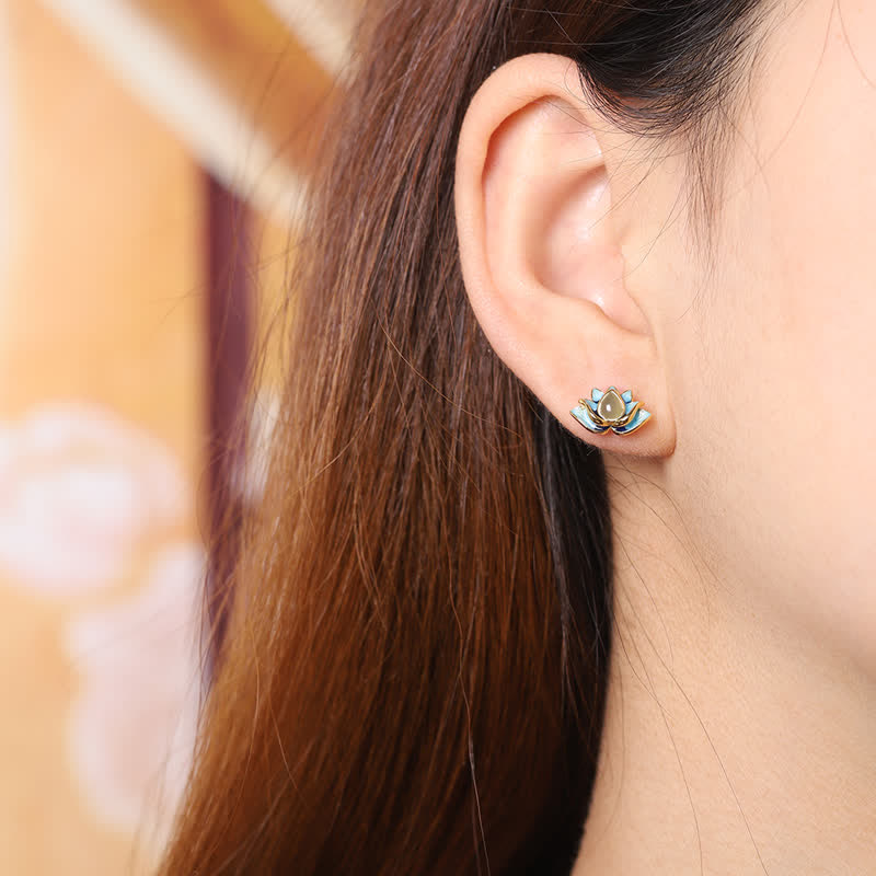 Oorbellen van 925 sterling zilver, hetian cyaan jade, lotusbloem, symbool voor succes - image 1
