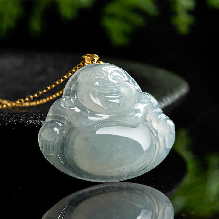 Buddha Stones Lachende Boeddha hanger van natuurlijke jade en titanium stalen Ketting - image 1