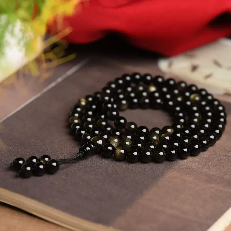 Buddha Stones 108 Mala kralen, natuurlijke goudglans obsidiaan, rijkdom Armband - image 2