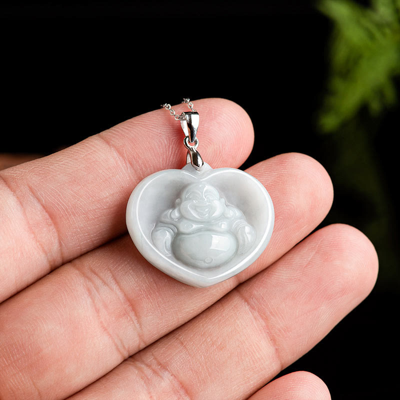 Buddha Stones Lachende Boeddha hanger van witte jade met gelukssymbool en titanium stalen Ketting . - image 4