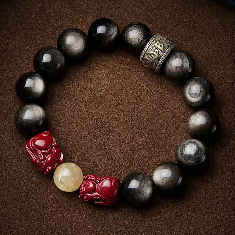 Buddha Stones Gouden glans obsidiaan PiXiu cinnaber Om Mani Padme Hum Armband - image 10