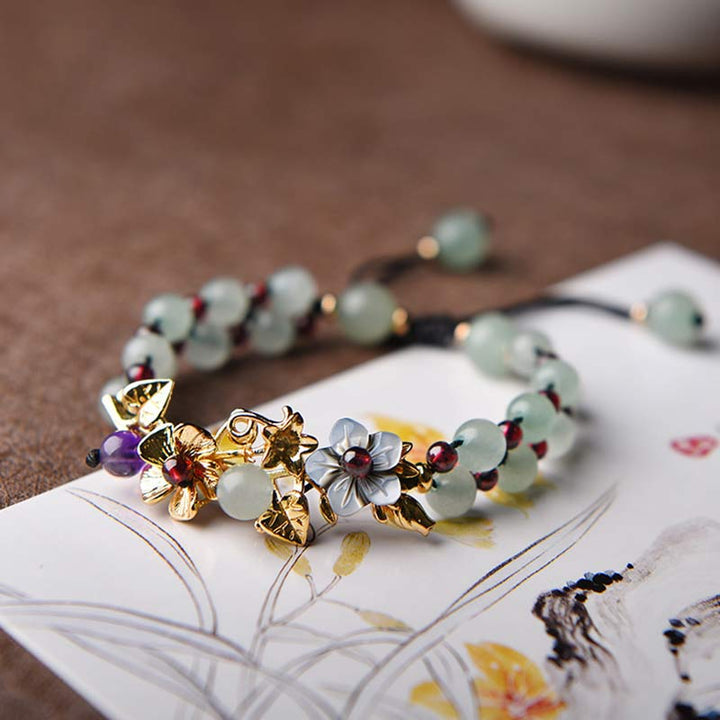 Buddha Stones Groene aventurijn granaat kralen Armband met bloemblaadjes - Groene aventurijn - Gouden Bloem - image 1