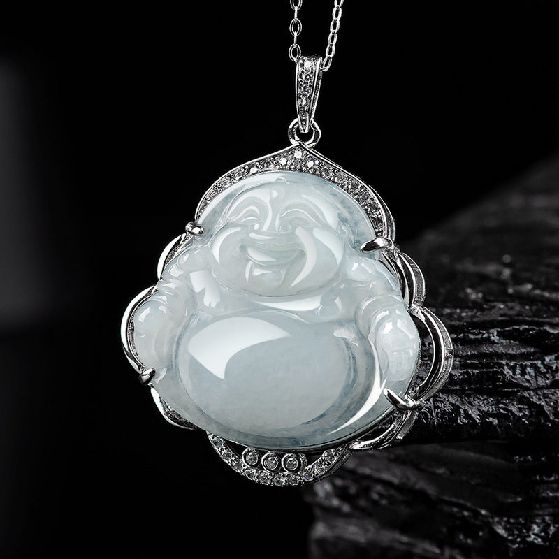 Buddha Stones Lachende Boeddha hanger van natuurlijke jade en titanium stalen Ketting - Jade (Welvaart♥Overvloed) - image 0