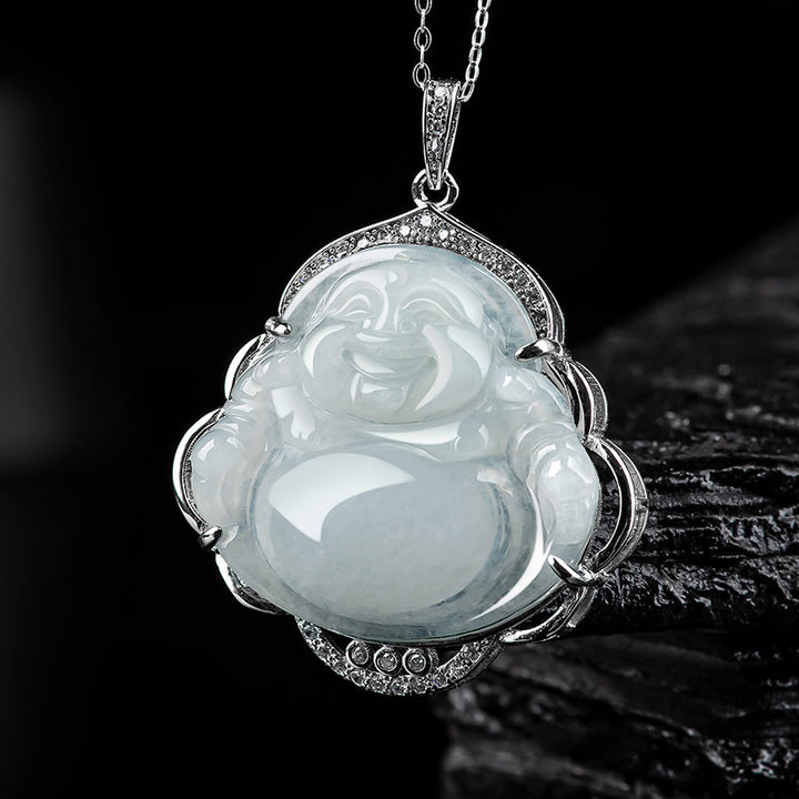 Buddha Stones Lachende Boeddha hanger van natuurlijke jade en titanium stalen Ketting - Jade (Welvaart♥Overvloed) - image 0