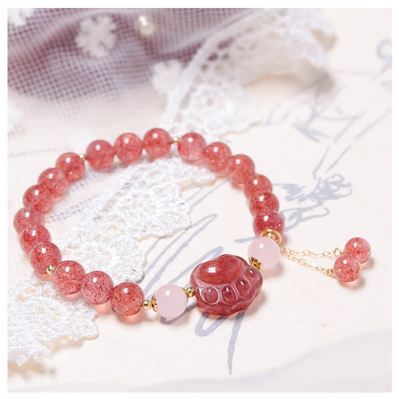 Buddha Stones Natuurlijke aardbeikwarts roze kristallen gelukskattenpoot Armband - image 1
