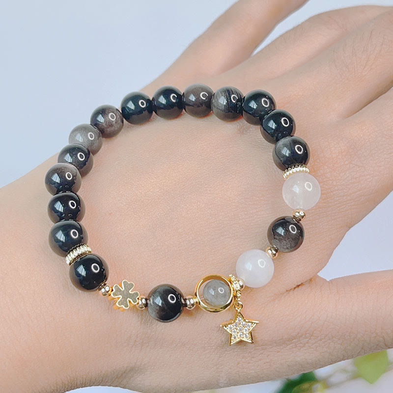 Buddha Stones Armband van obsidiaan met natuurlijke zilverglans, hart, ster en bloem. - image 9