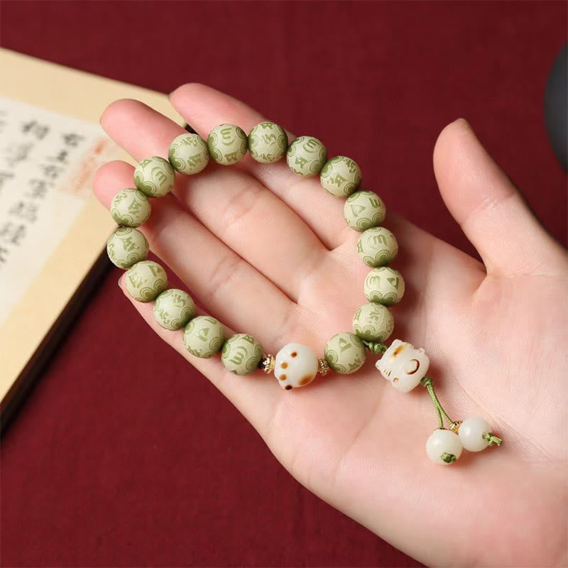 Buddha Stones Groene Bodhizaad Kattenpoot Om Mani Padme Hum Gegraveerde Armband - image 6