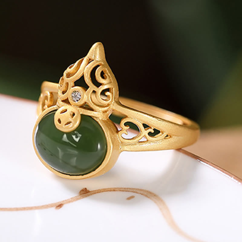 Buddha Stones Kalebas cyaan jade koperen munt succes geluk verstelbare Ring - image 6