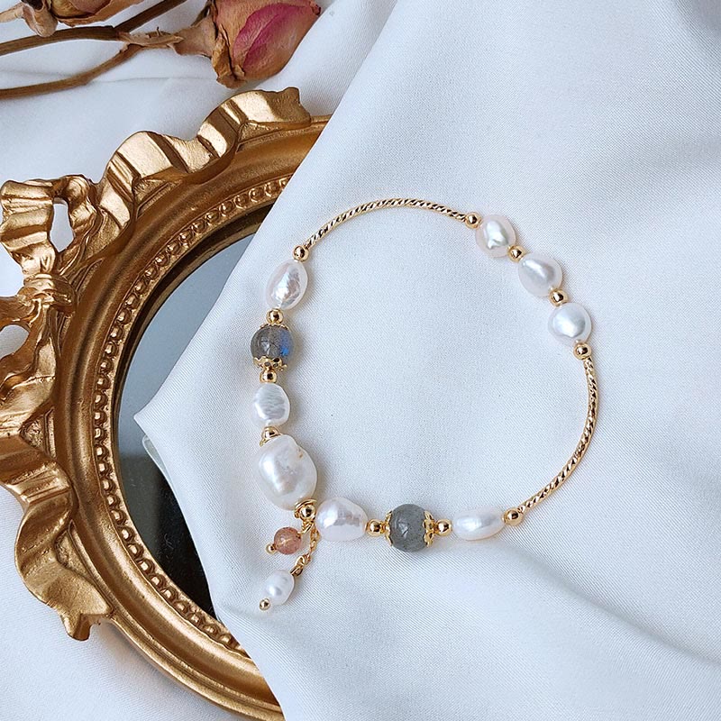 Buddha Stones Armband met parel, maansteen en aardbeikwarts kralen, symbool voor optimisme. - image 2