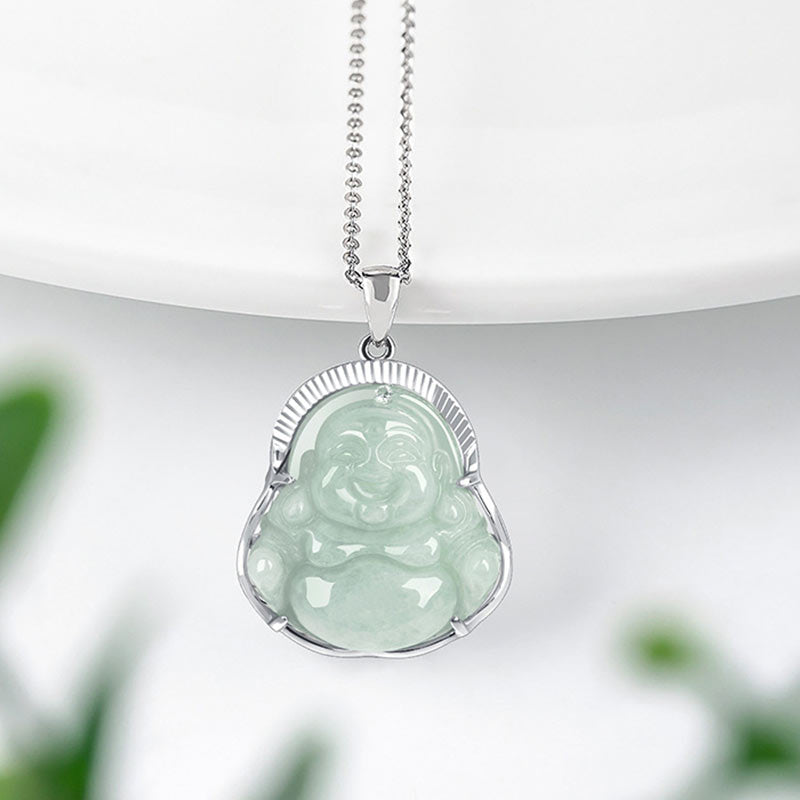 Buddha Stones Lachende Boeddha Jade Geluk Kalmte Titanium Stalen Ketting Hanger - image 1