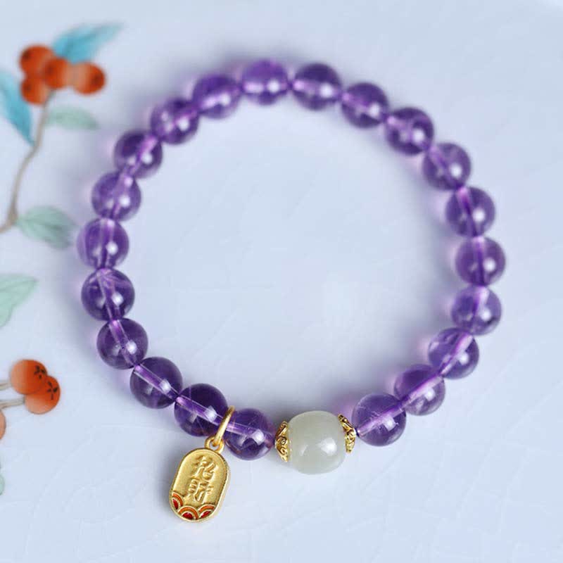 Buddha Stones Natuurlijke amethistkristal Hetian jade helende Armband - image 1