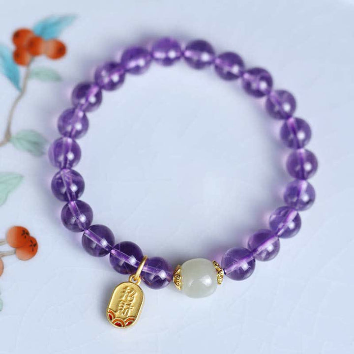 Buddha Stones Natuurlijke amethistkristal Hetian jade helende Armband - image 1