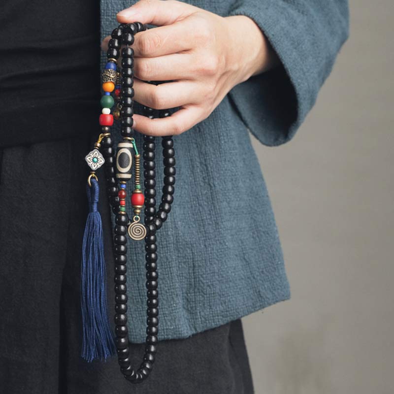 Buddha Stones 108 kralen Mala van ebbenhout, dzi-kralen, koperen Armband met kwastje - image 1