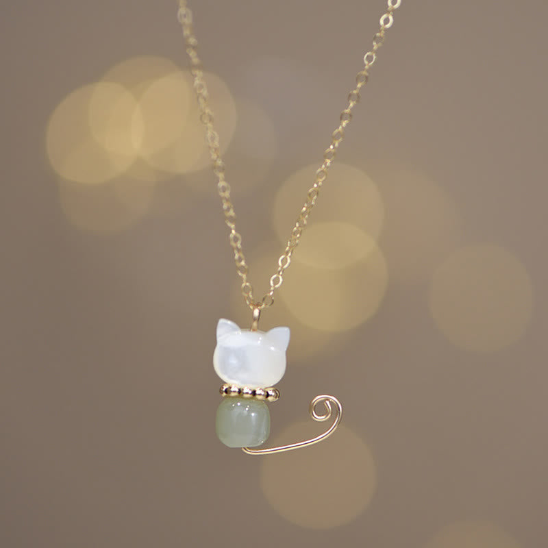 Buddha Stones 14-karaats vergulde parel Hetian jade schelp gelukskat Ketting hanger - image 5