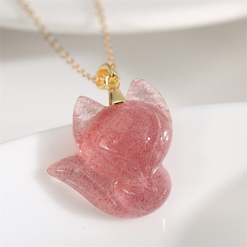 Buddha Stones Ketting met aardbeikwarts en vos, verguld met 925 sterling zilver en 14k goud. - Aardbeikwarts & 14-karaats verguld - image 0