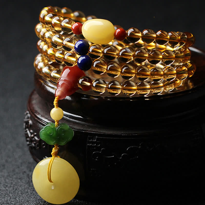 108 Mala kralen, natuurlijke citrien, amber, vredesgesp, rode agaat, PiXiu Armband - Citrien & Amber - image 0