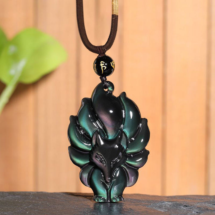 Buddha Stones Natuurlijke regenboogobsidiaan met gouden glans, obsidiaan hanger met Ketting - Regenboogobsidiaan Negenstaartvos - image 0