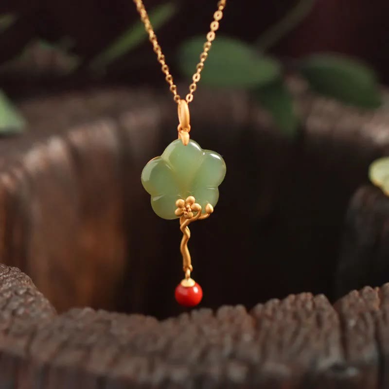 Vintage Ketting van pruimenbloesem, jade en rode agaat, symbool voor voorspoed. - image 2