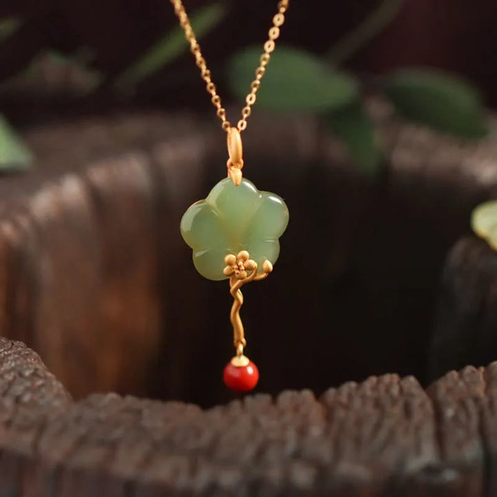 Vintage Ketting van pruimenbloesem, jade en rode agaat, symbool voor voorspoed. - image 2