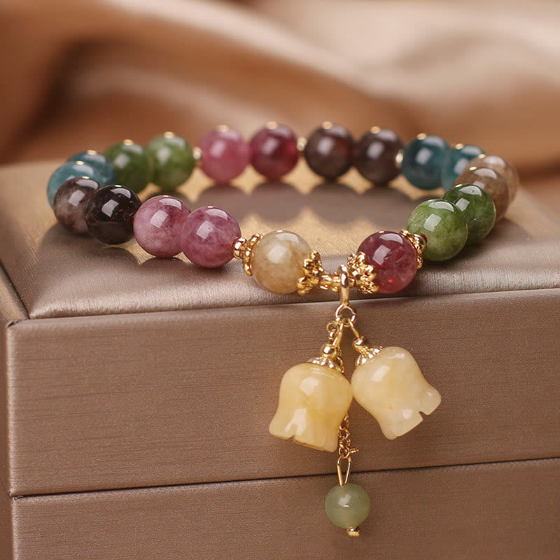 Buddha Stones Natuurlijke kleurrijke toermalijn bloemkralen Armband - Toermalijn &amp; één kraaltje als bedeltje - image 0