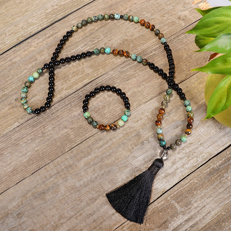 Buddha Stones 108 Mala kralen van natuursteen, tijgeroog en turkoois, beschermende Armband/ Ketting - image 0