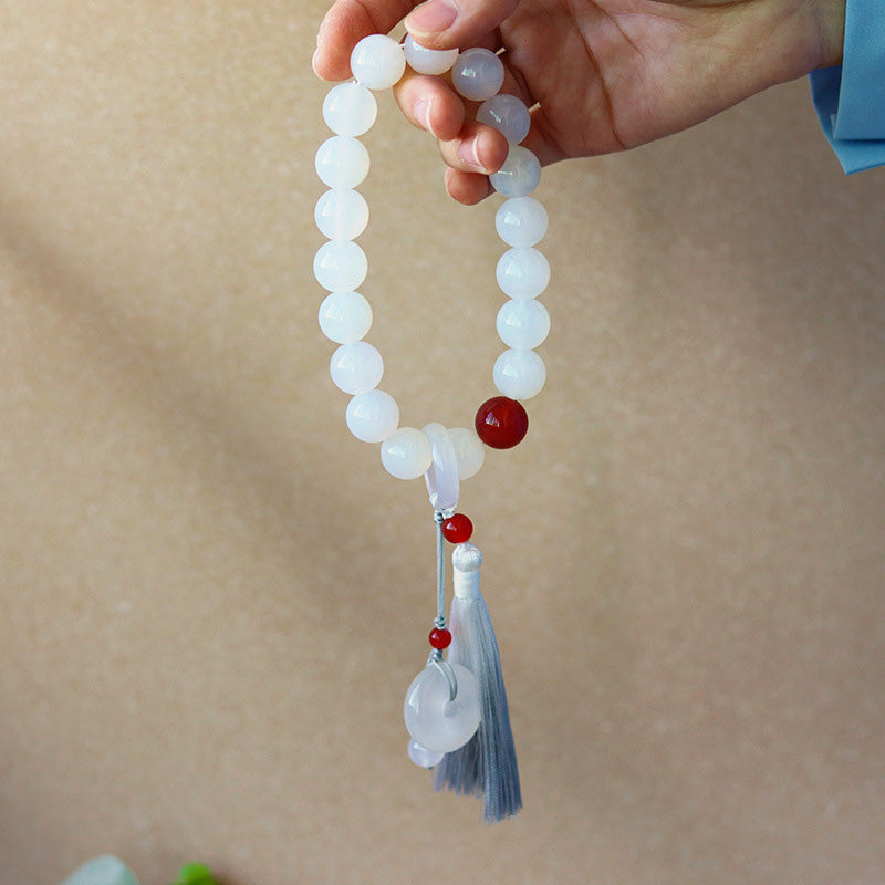 Buddha Stones Witte agaat, rode agaat, Pols Mala met kwastjes, Mala, autodecoratie - 14mm - image 0