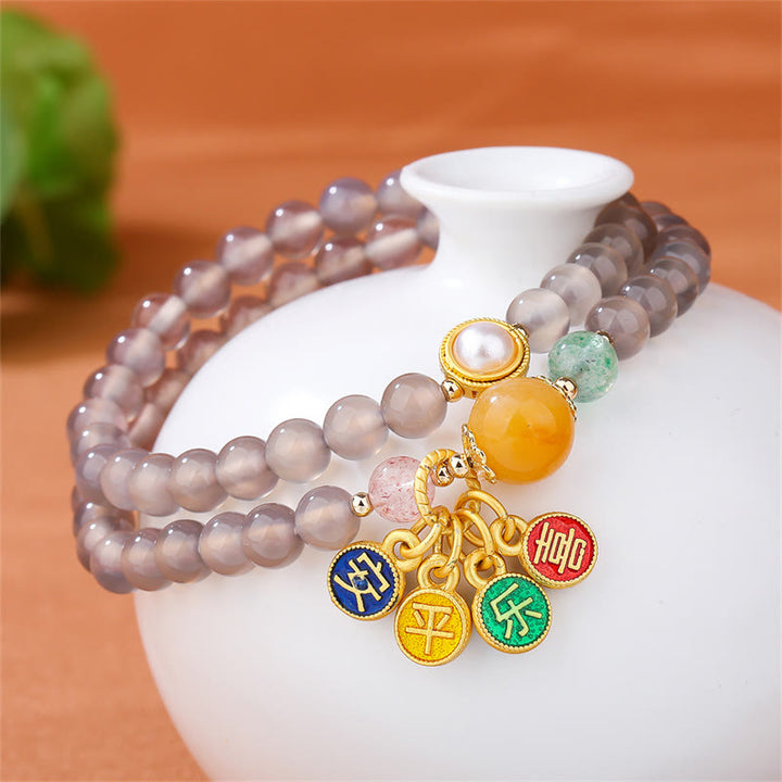 Buddha Stones Natuurlijke grijze agaat vredes- en vreugdebedel balans dubbele Armband - image 1