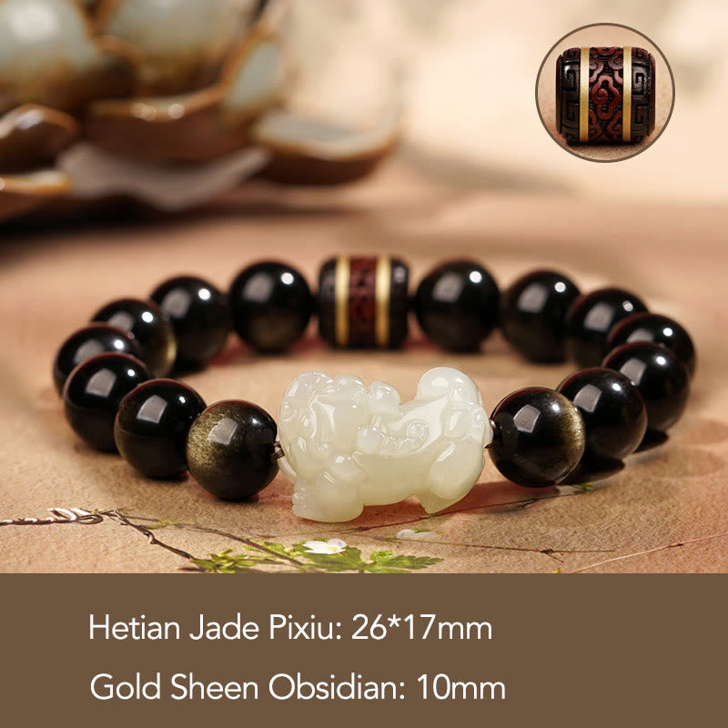 Buddha Stones Natuurlijke goudglans obsidiaan Hetian cyaan jade witte jade PiXiu rijkdom Armband - Goudkleurige Obsidiaan Witte Jade PiXiu 10mm(Heren) - image 5