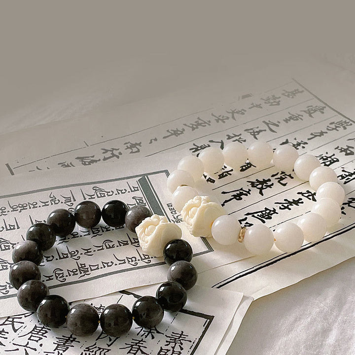 Buddha Stones Zilveren Obsidiaan Bodhizaad Ivoor Fruit Dansende Leeuw Armband - image 1