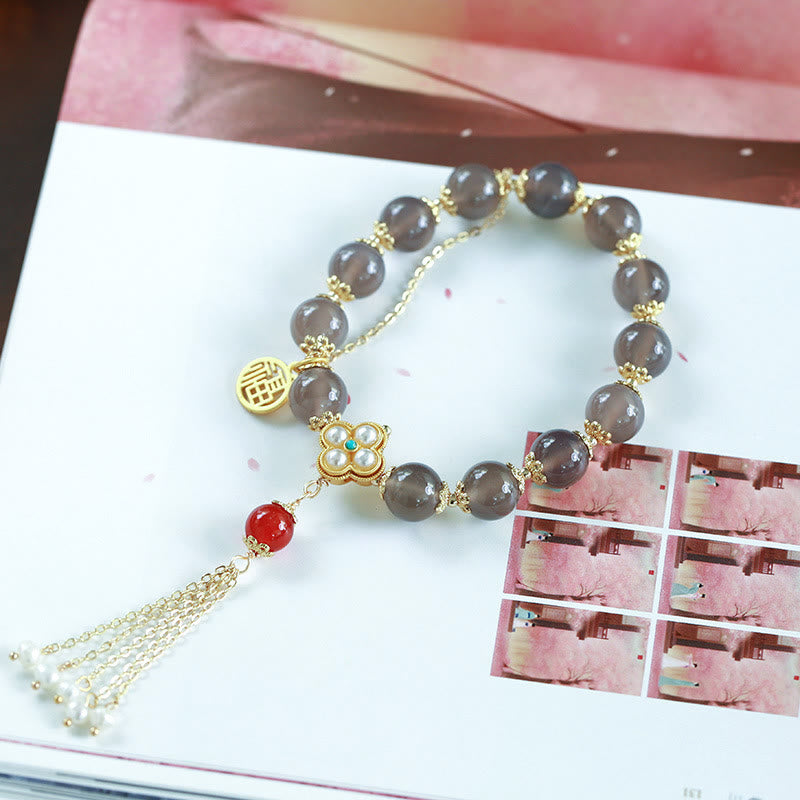 Buddha Stones Natuurlijke grijze agaat Fu karakter parel kwastje Armband - image 12