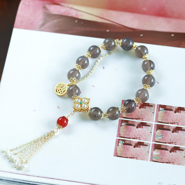 Buddha Stones Natuurlijke grijze agaat Fu karakter parel kwastje Armband - image 12