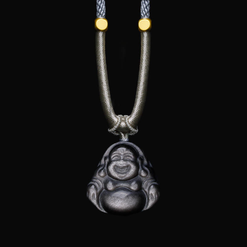 Buddha Stones Natuurlijke zilverkleurige obsidiaan lachende Boeddha Ketting - Lichtgrijze Ketting met lachende Boeddha - image 5