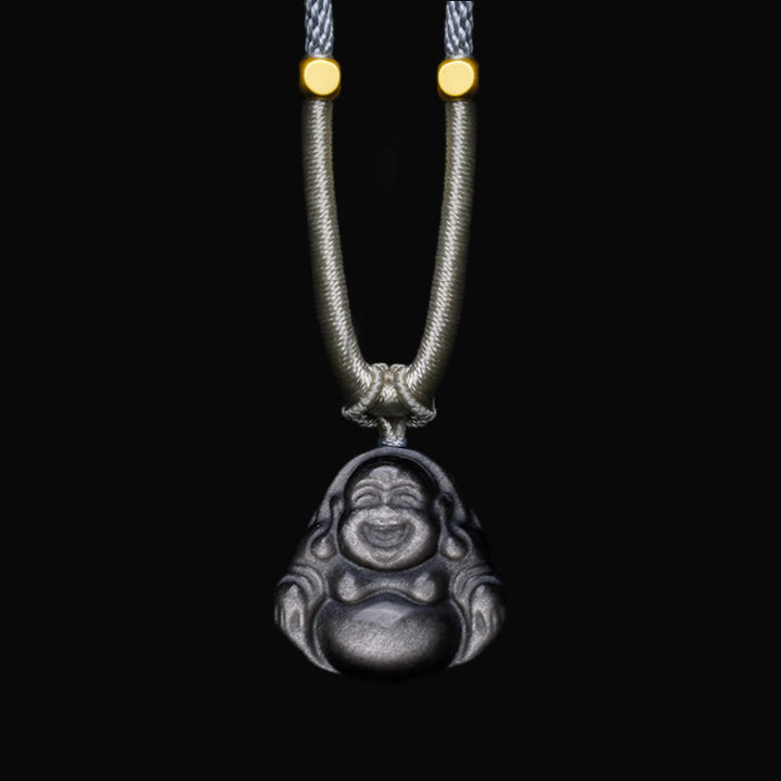 Buddha Stones Natuurlijke zilverkleurige obsidiaan lachende Boeddha Ketting - Lichtgrijze Ketting met lachende Boeddha - image 5