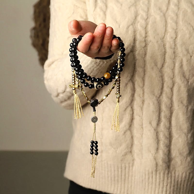 Buddha Stones Tibetaanse Mala met 108 kralen, zwarte onyx en drieoogige dzi-kralen, Armband - image 1