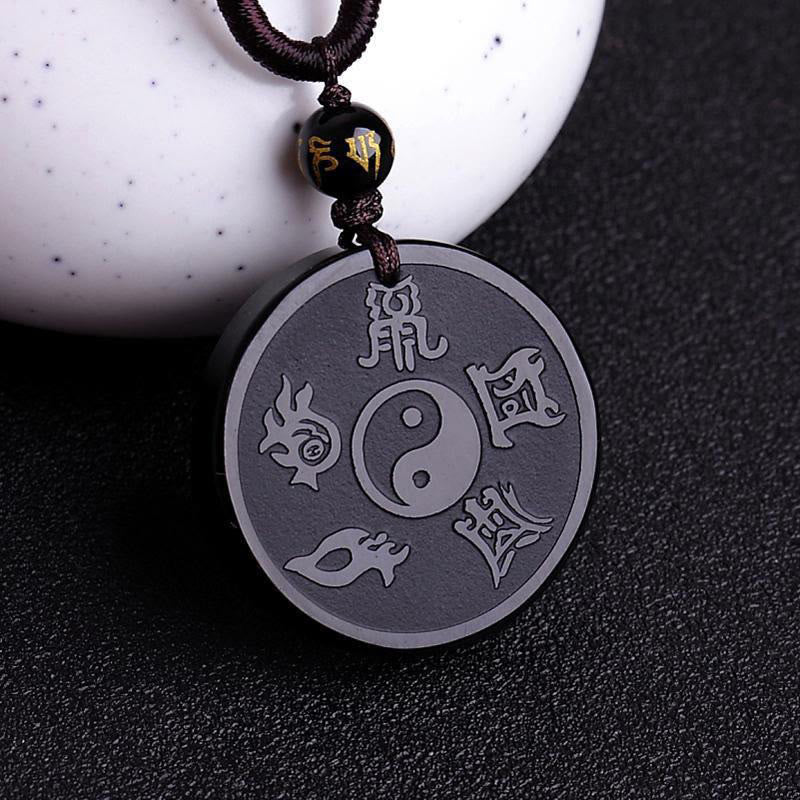 Buddha Stones Natuurlijke zwarte obsidiaan Taoïstische Vijf Heilige Bergen Negenkarakter Mantra Gegraveerde Kracht Yin Yang Ketting Sleutelhanger - Zwarte obsidiaan en snaar - image 0