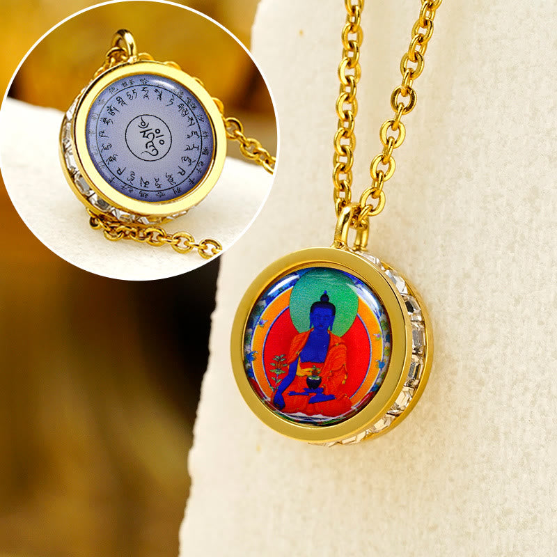 Buddha Stones Tibetaanse gele god van rijkdom, groene Tara Boeddha, sereniteit, Ketting van titaniumstaal - Voorkant: Medicijn Boeddha Achterkant: Mantra - image 18