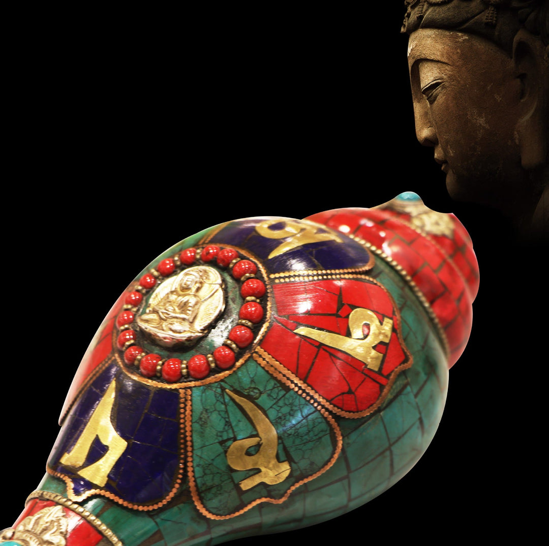 Tibetaanse handgemaakte Shankha Om Mani Padme Hum Boeddha Conch Shell Lucky Decoratie - image 2