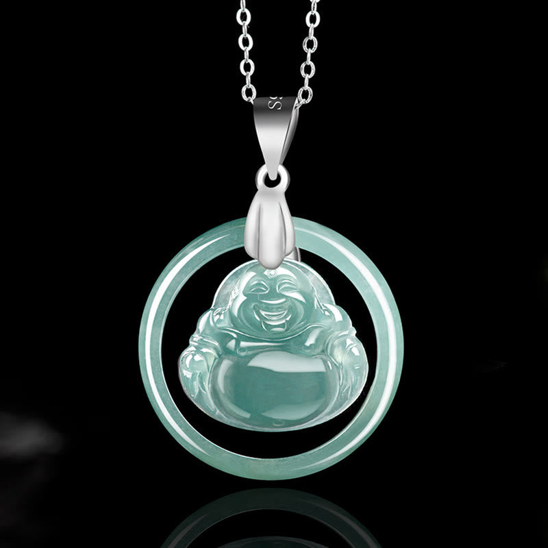 Buddha Stones Ketting met hanger van natuurlijke jade, ronde lachende Boeddha en titanium stalen ketting ter ere van overvloed. - Lachende Boeddha (Geluk♥Rijkdom) - image 0