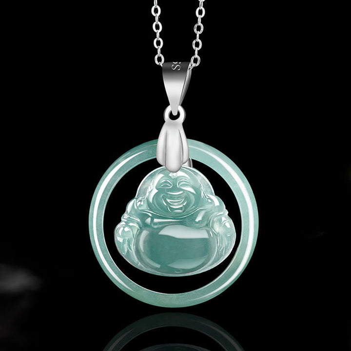 Buddha Stones Ketting met hanger van natuurlijke jade, ronde lachende Boeddha en titanium stalen ketting ter ere van overvloed. - Lachende Boeddha (Geluk♥Rijkdom) - image 0