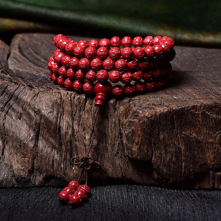 Buddha Stones 108 Mala kralen met cinnaber Om Mani Padme Hum patroon gegraveerde Armband - image 8