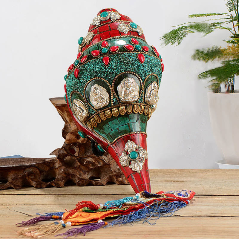 Tibetaanse handgemaakte Shankha Om Mani Padme Hum Boeddha Avalokitesvara Turquoise Conch Shell Positieve decoratie - image 0